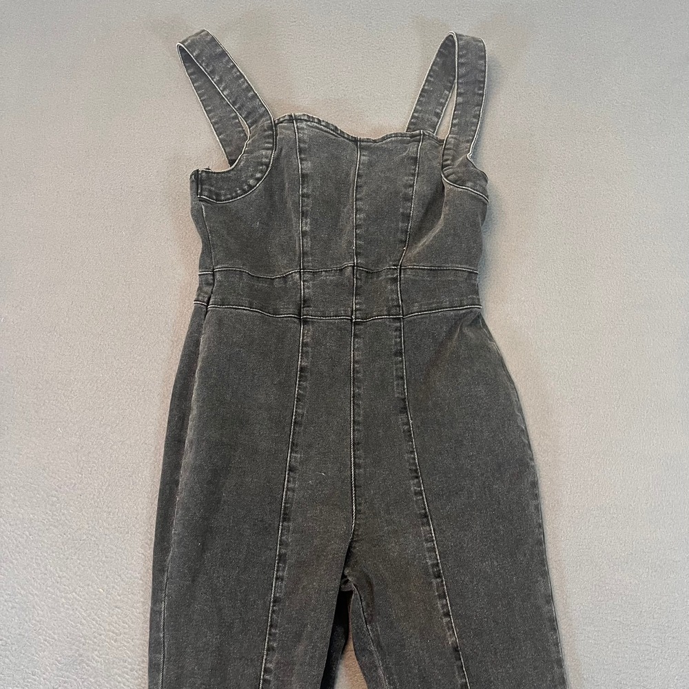 Charlotte Russe Denim Jumpsuit Womens Sm Dark Gray Wide Leg Exposed Seam Country